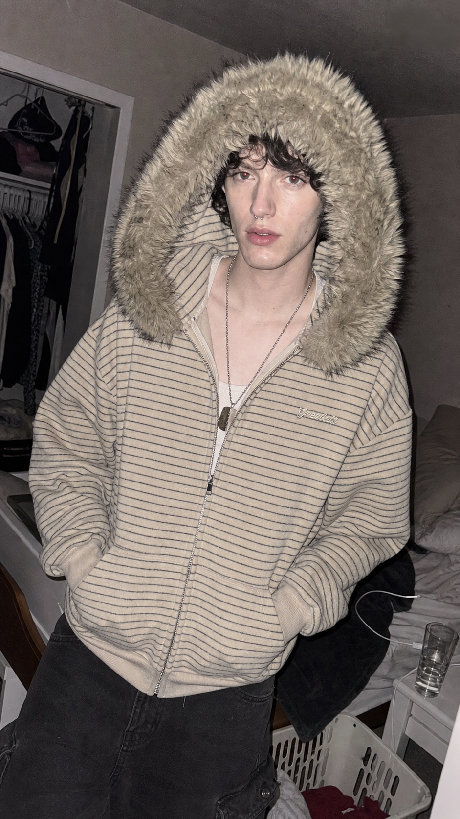 Frostline Striped Faux Fur Hoodie UGC bedroom fit check