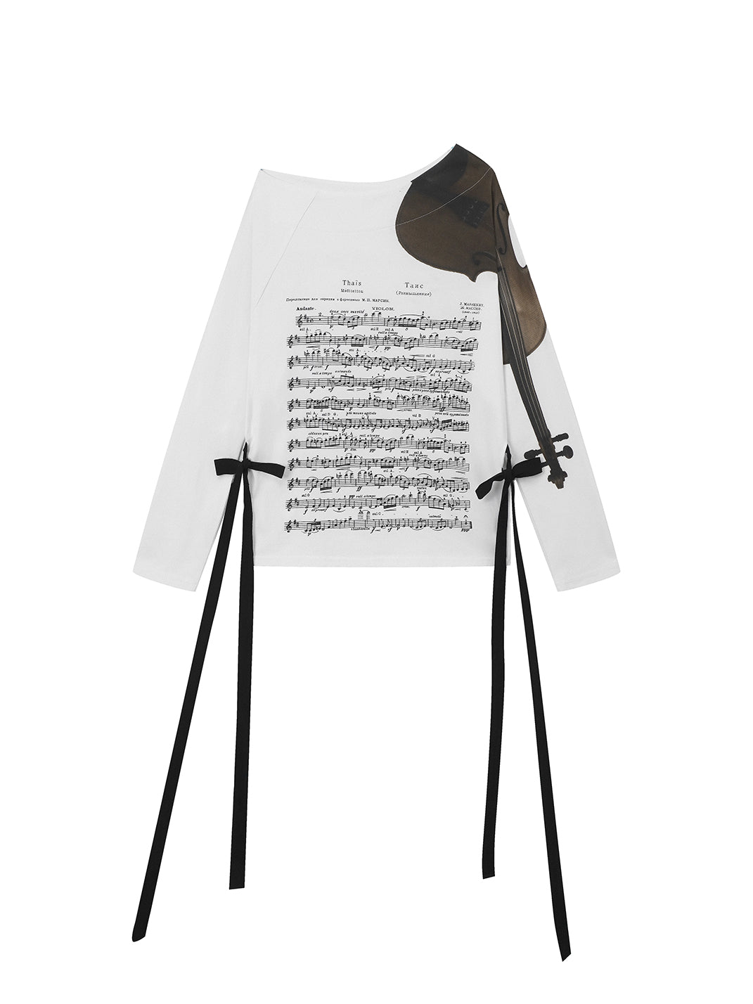 Violin-Score Off-Shoulder Long-Sleeve Top