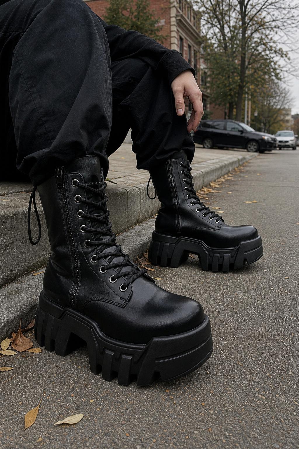 Futuristic Black Zip Platform Combat Boots UGC showcase 2