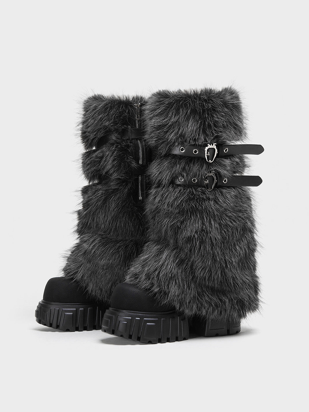 Full-Fur Buckle Platform Boots - View 9