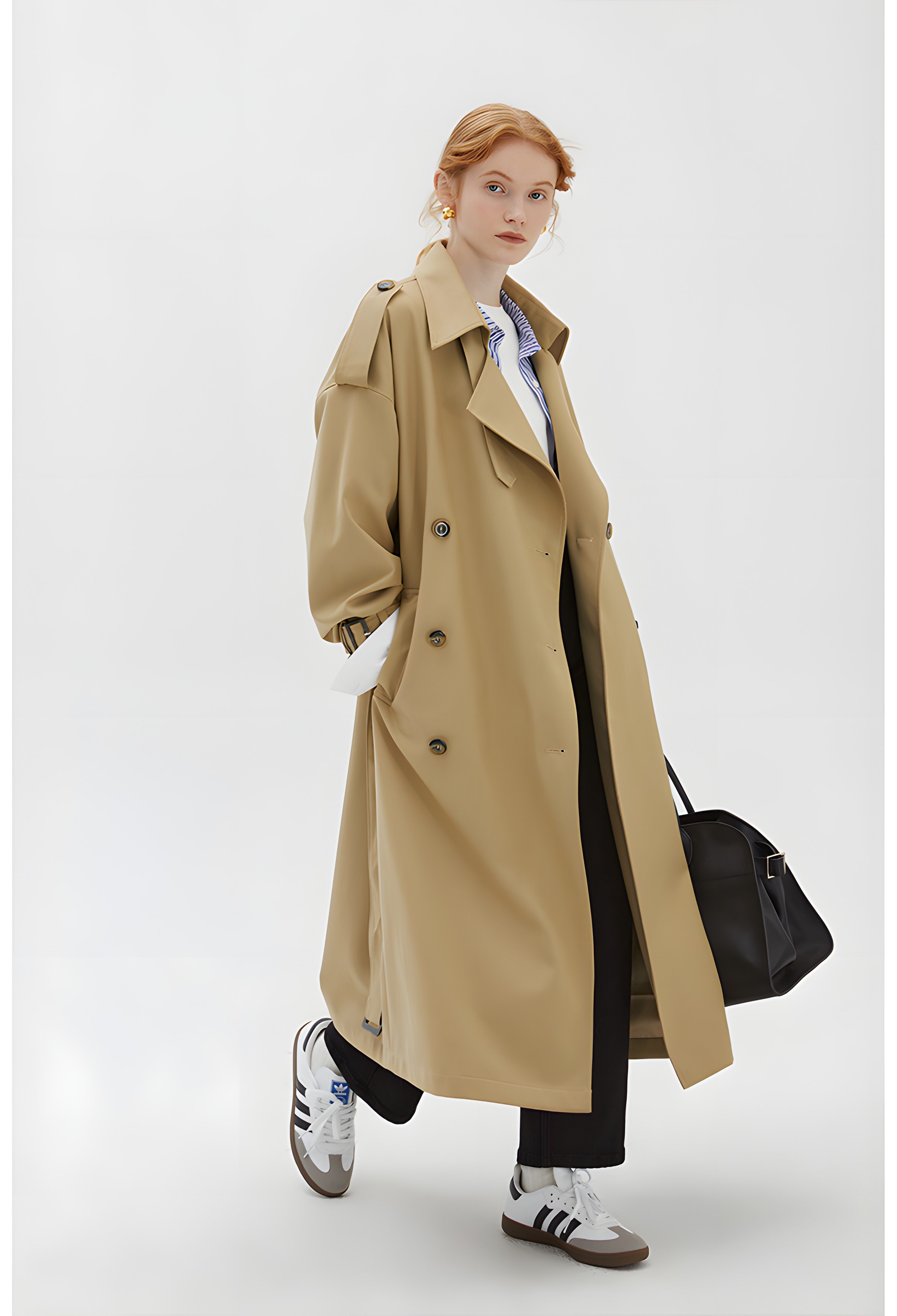 Khaki Double-Breasted Trench Coat - chiclara