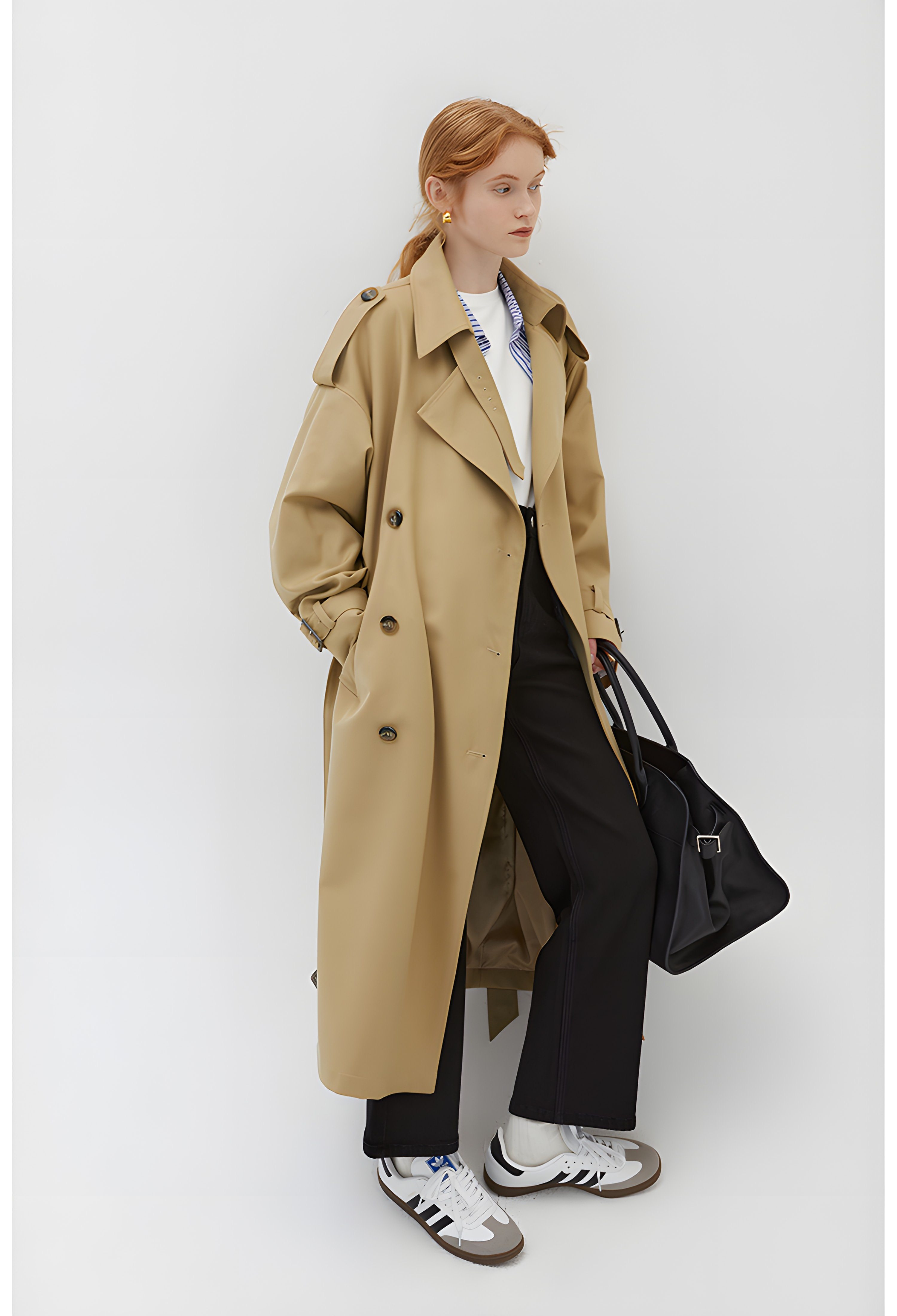 Khaki Double-Breasted Trench Coat - chiclara