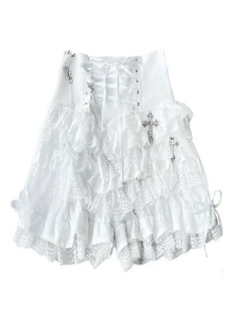 Shorts lolita gothiques avec volants en dentelle en couches blanches