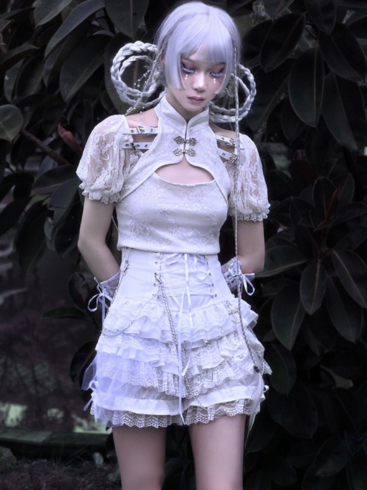 Shorts lolita gothiques avec volants en dentelle en couches blanches