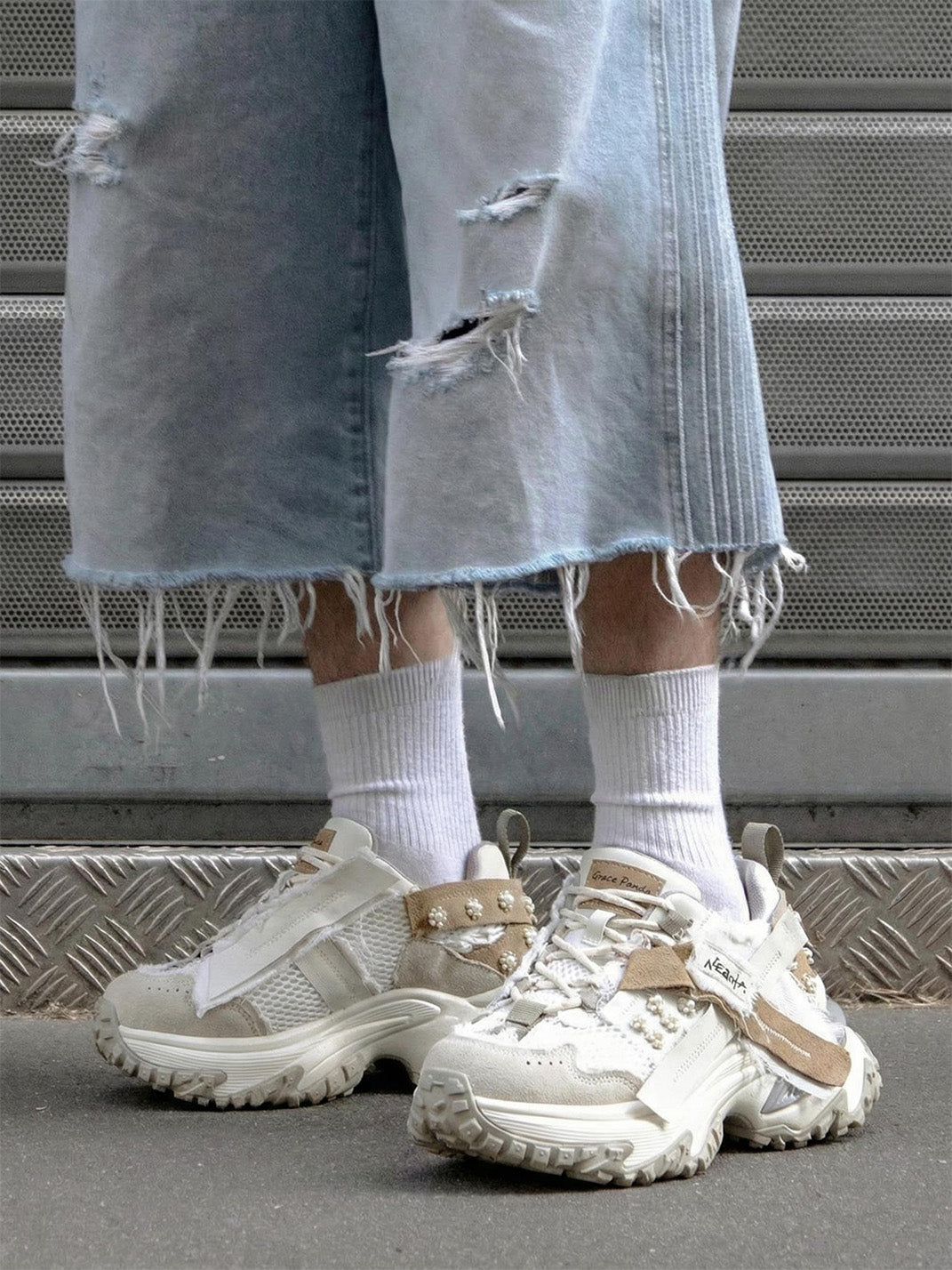 Patchwork Mesh Trail Platform Sneakers - View 3