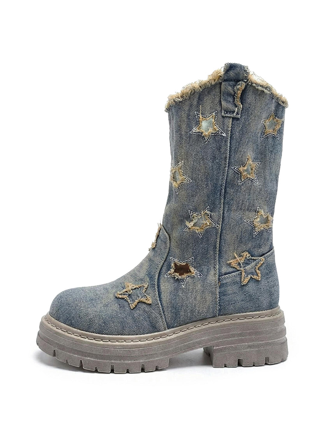 Star-Cutout Distressed Denim Platform Boots