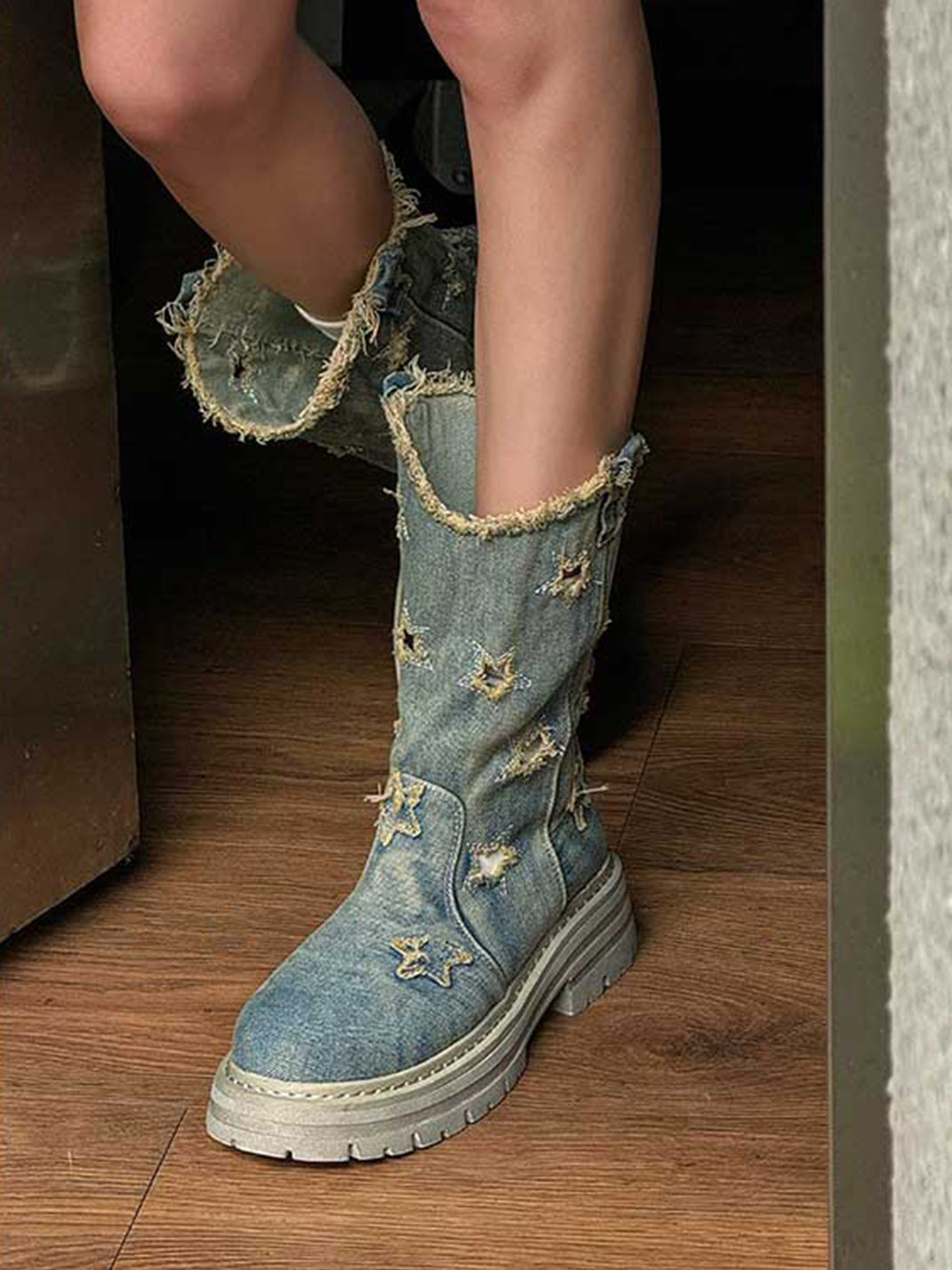 Star-Cutout Distressed Denim Platform Boots - View 2