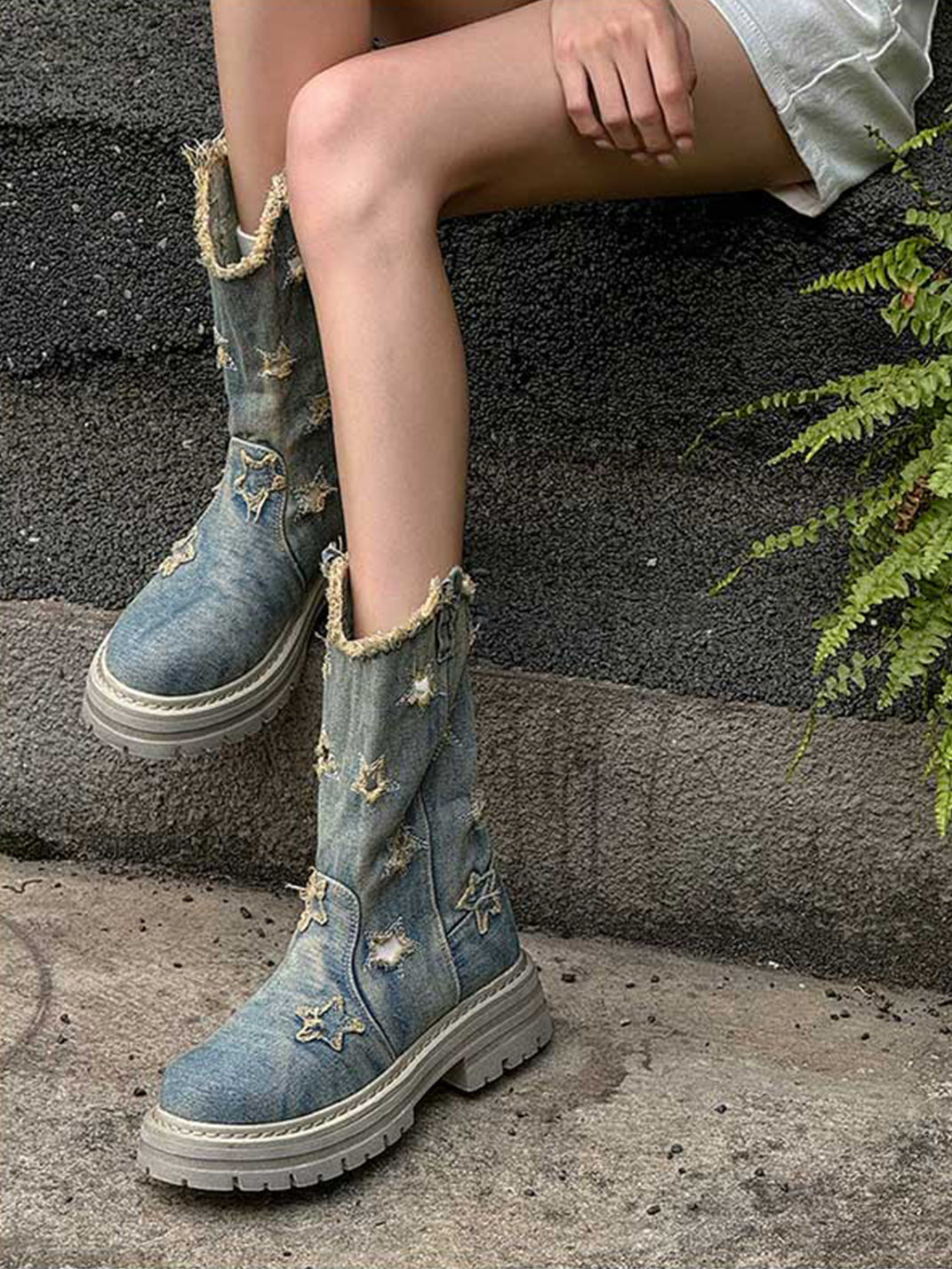 Star-Cutout Distressed Denim Platform Boots - View 3