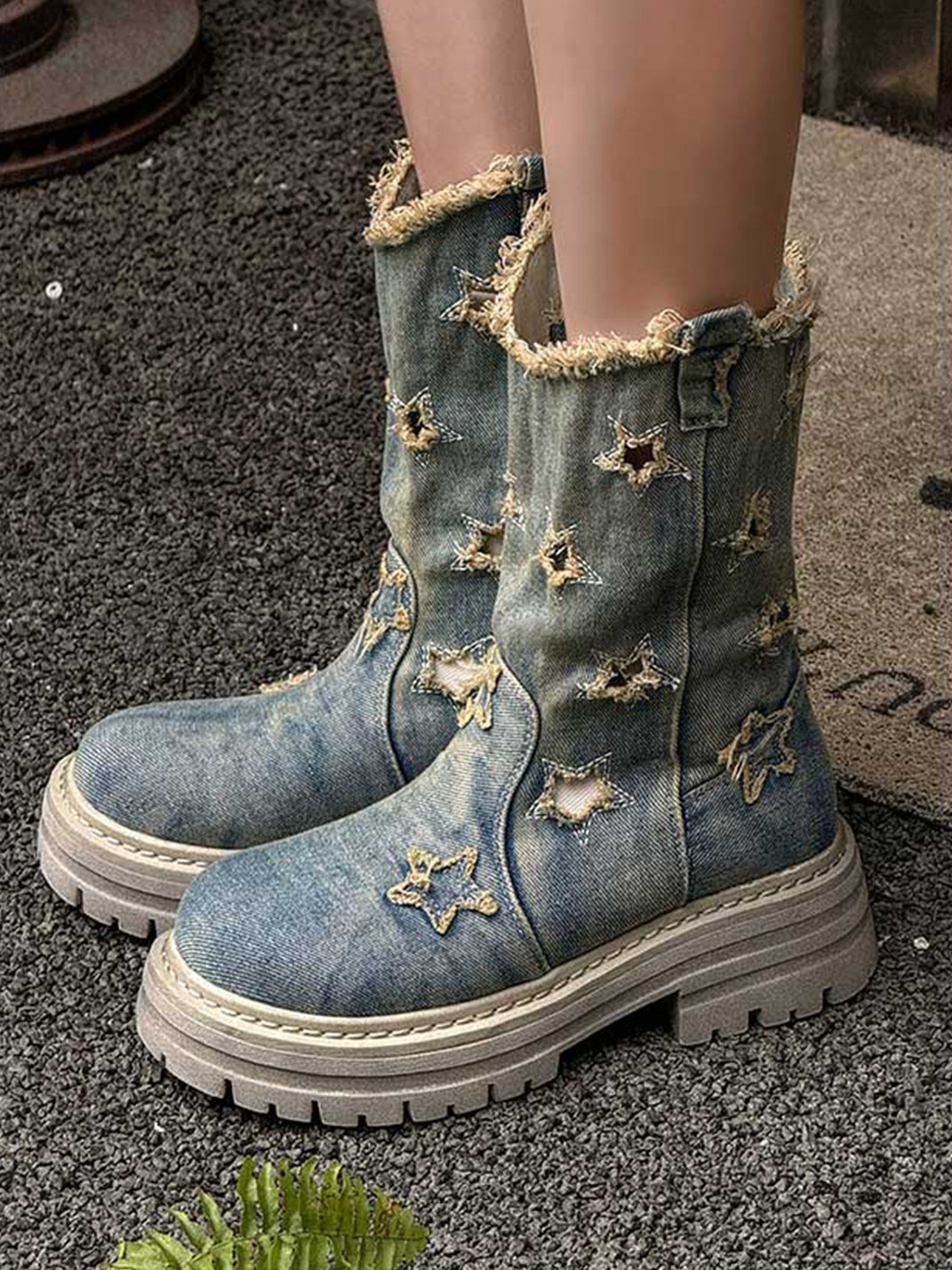 Star-Cutout Distressed Denim Platform Boots - View 5