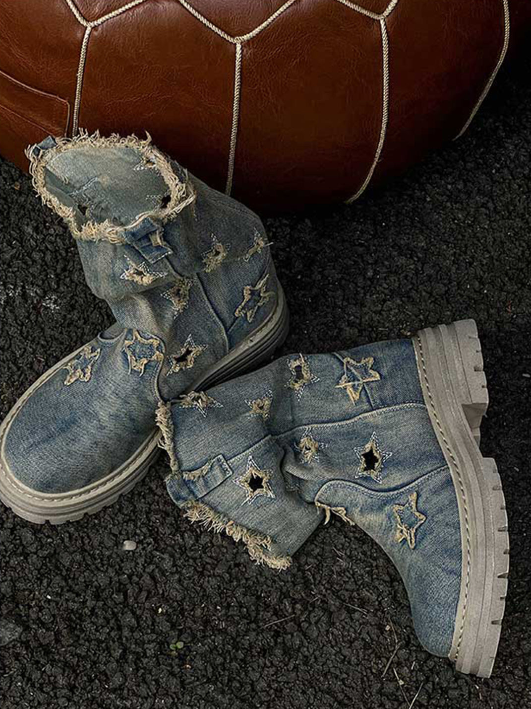 Star-Cutout Distressed Denim Platform Boots - View 8