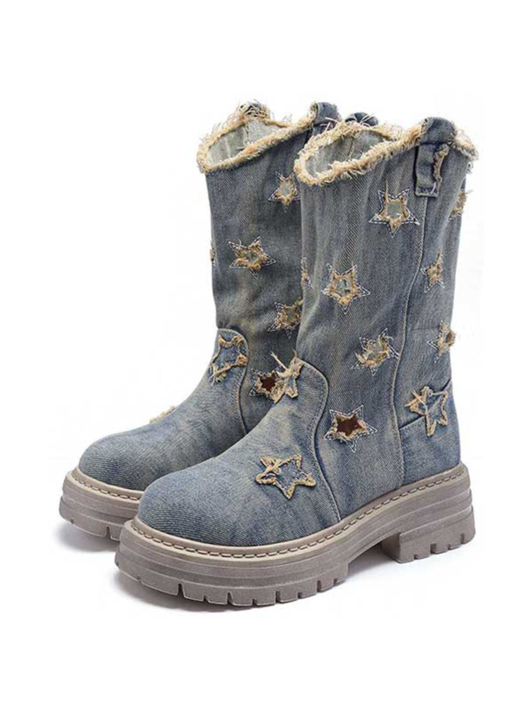 Star-Cutout Distressed Denim Platform Boots - View 9