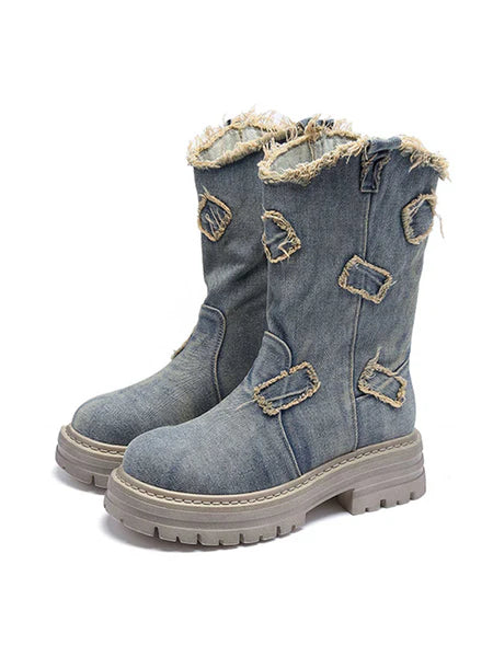 Star-Cutout Distressed Denim Platform Boots - View 10