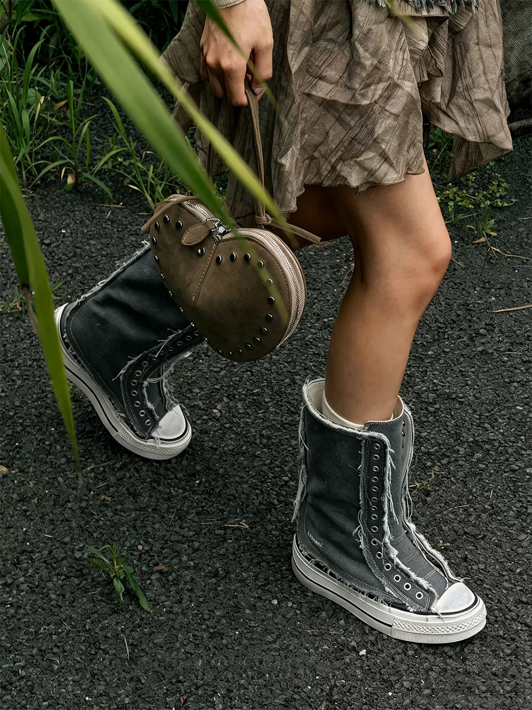 Distressed High-Top Canvas Platform Boots - View 3