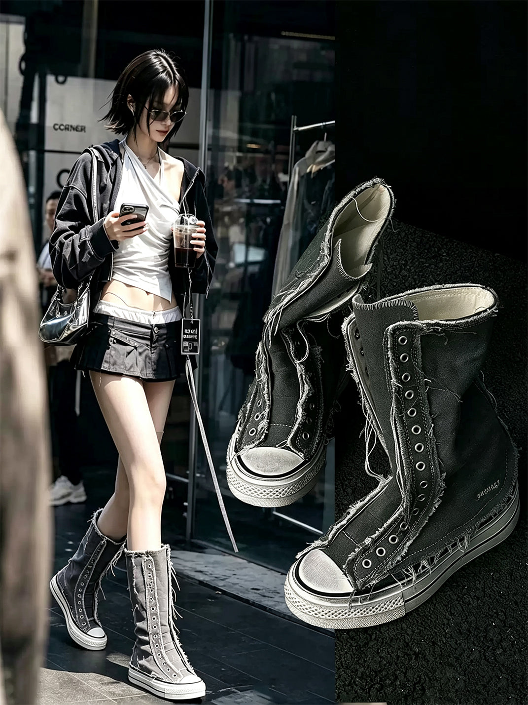 Distressed High-Top Canvas Platform Boots - View 6
