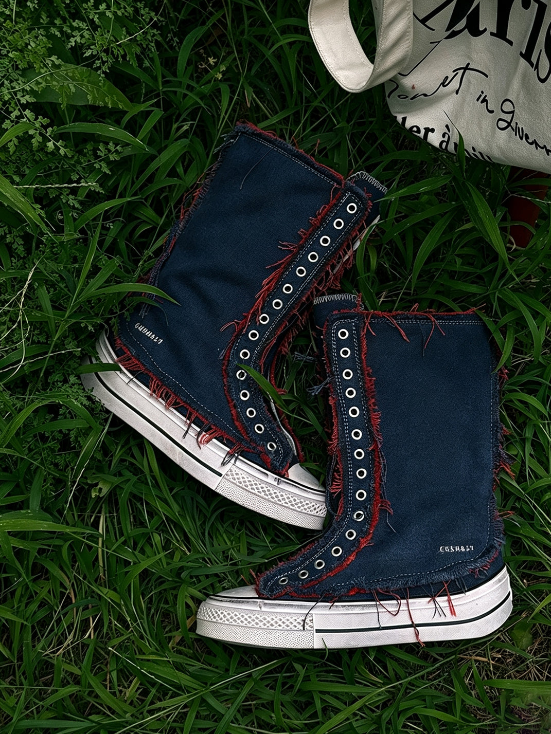 Distressed High-Top Canvas Platform Boots - View 12