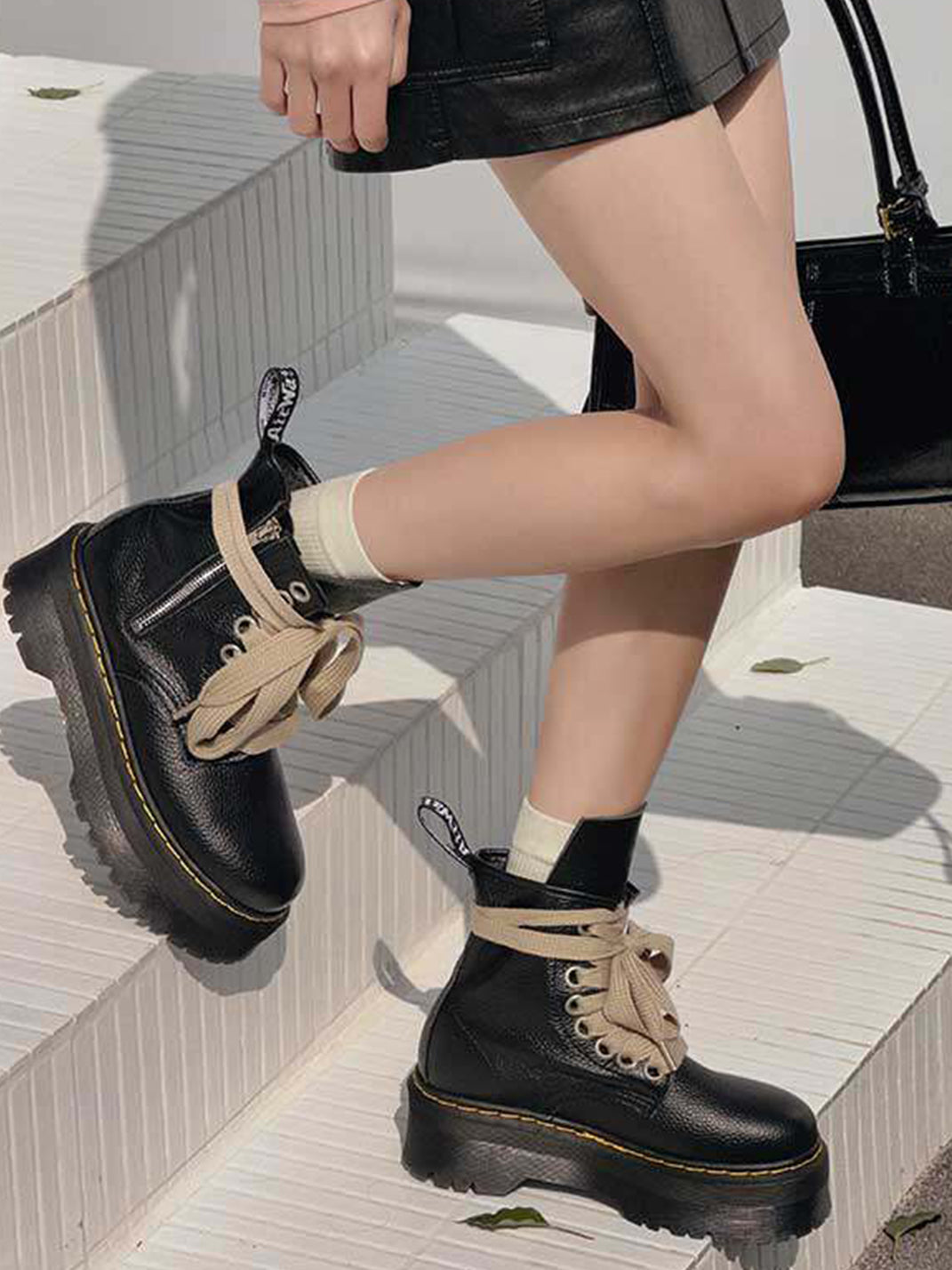 Ribbon-Laced Chunky Side-Zip Combat Boots - View 3