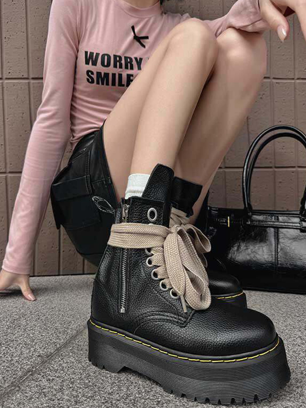 Ribbon-Laced Chunky Side-Zip Combat Boots - View 5