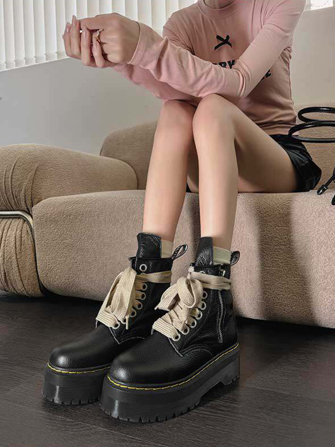 Ribbon-Laced Chunky Side-Zip Combat Boots - View 7