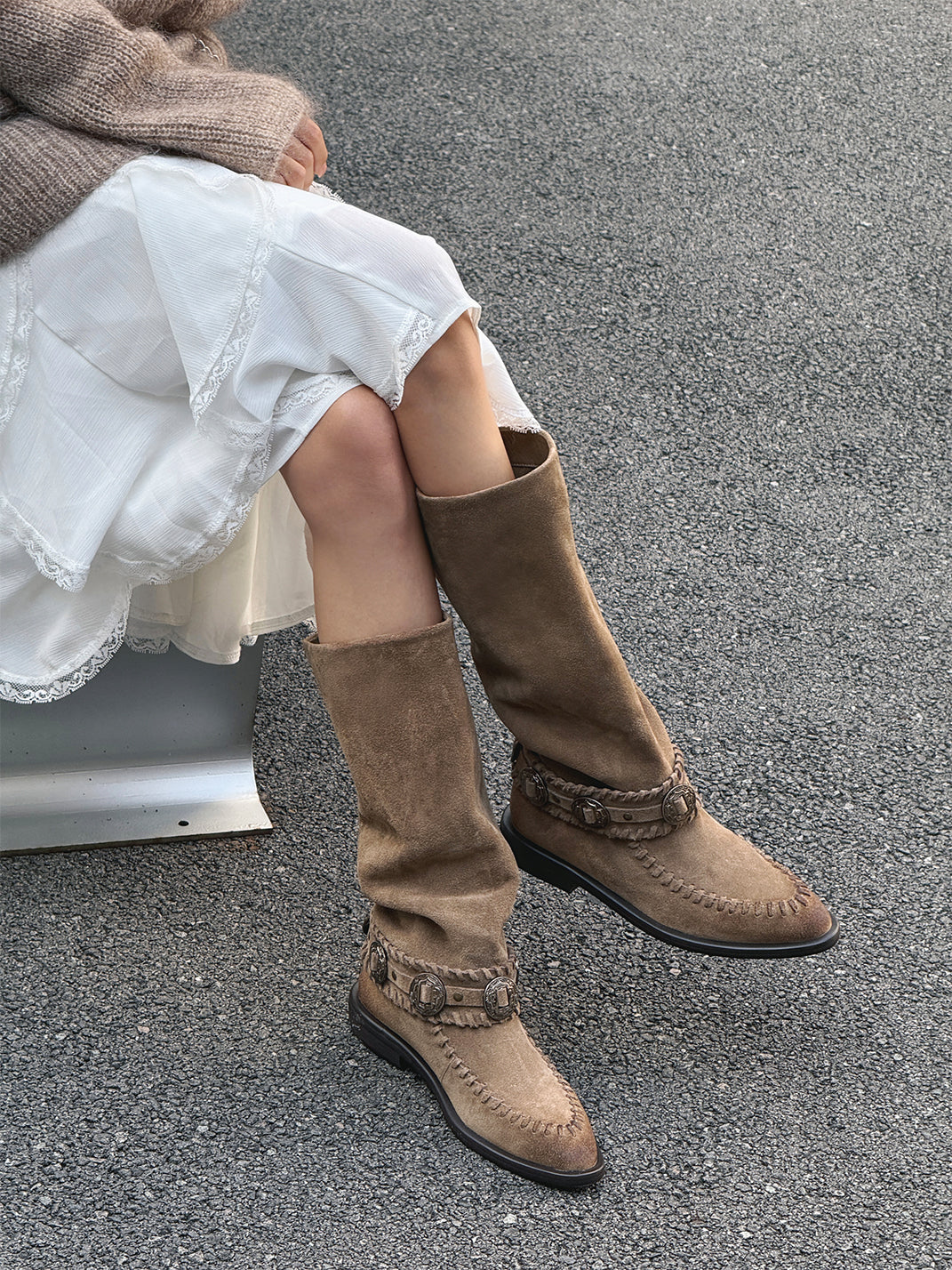 Buckled Suede Western Knee-High Riding Boots - View 9