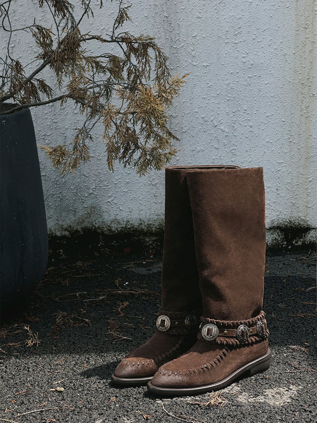 Buckled Suede Western Knee-High Riding Boots - View 18