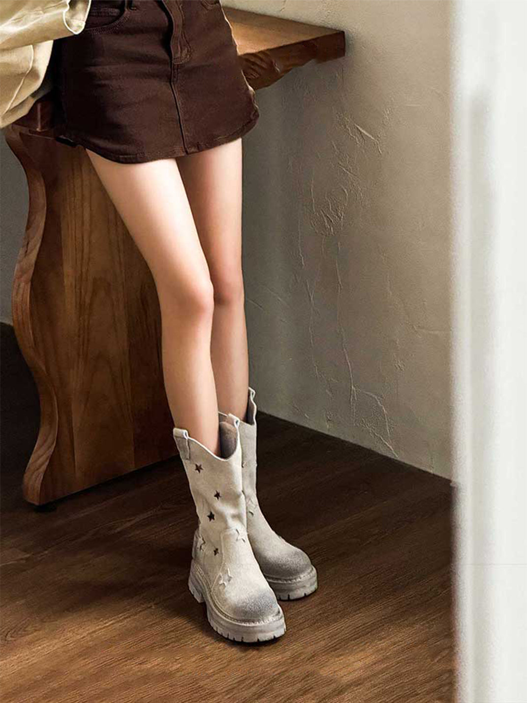 Gray Perforated-Star Nubuck Platform Boots - View 5