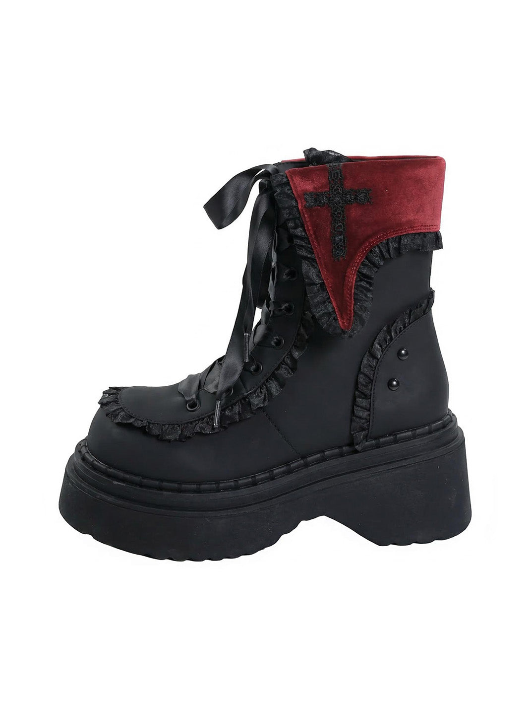 Cross-Applique Red-Lace Platform Combat Boots