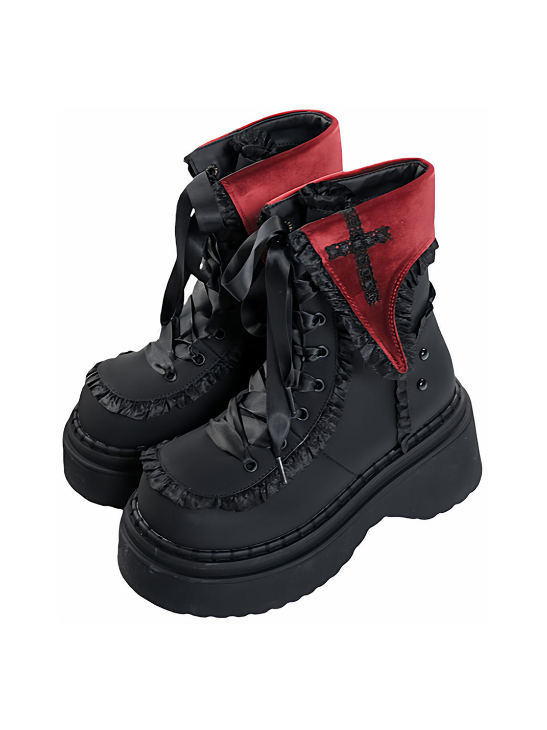 Cross-Applique Red-Lace Platform Combat Boots - View 2