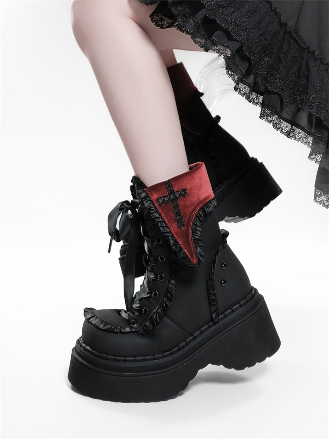 Cross-Applique Red-Lace Platform Combat Boots - View 3