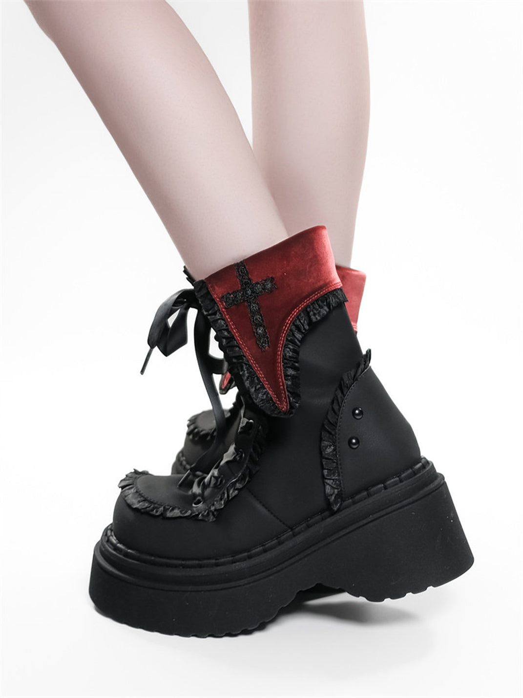 Cross-Applique Red-Lace Platform Combat Boots - View 6