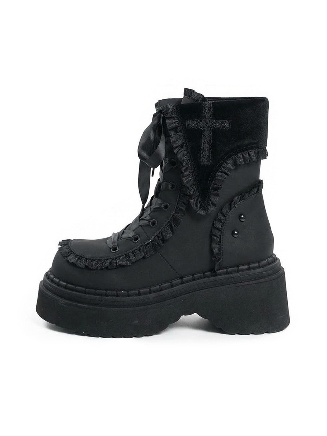 Cross-Applique Red-Lace Platform Combat Boots - View 8