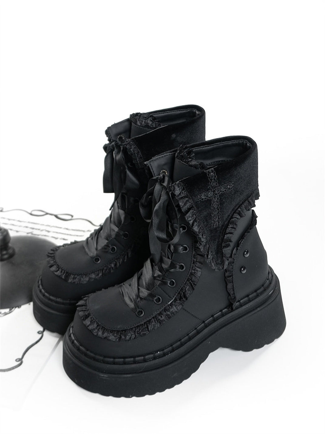 Cross-Applique Red-Lace Platform Combat Boots - View 9