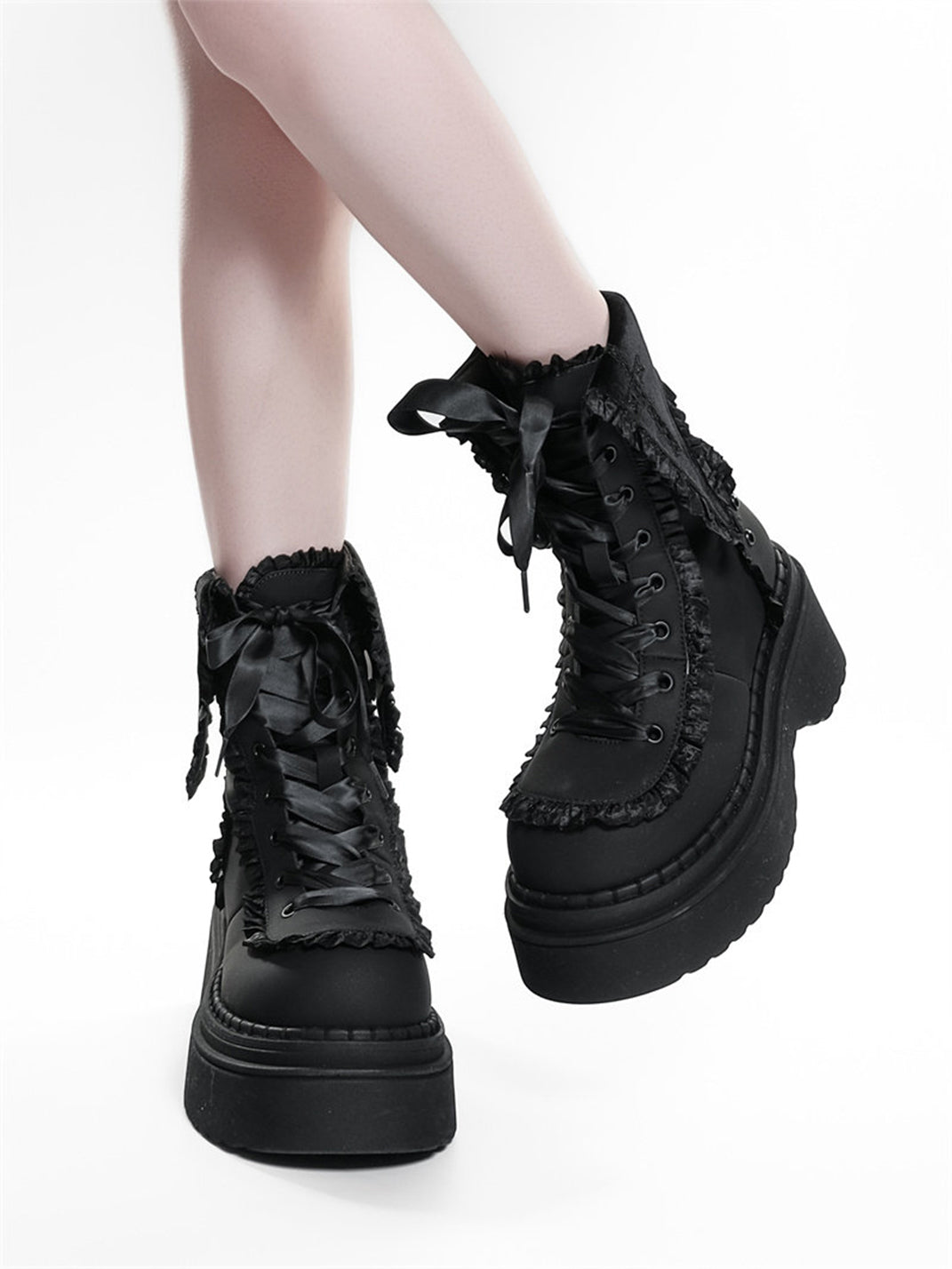 Cross-Applique Red-Lace Platform Combat Boots - View 10