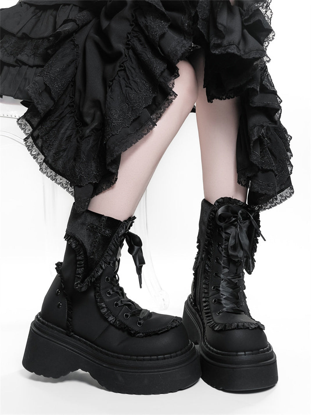 Cross-Applique Red-Lace Platform Combat Boots - View 13