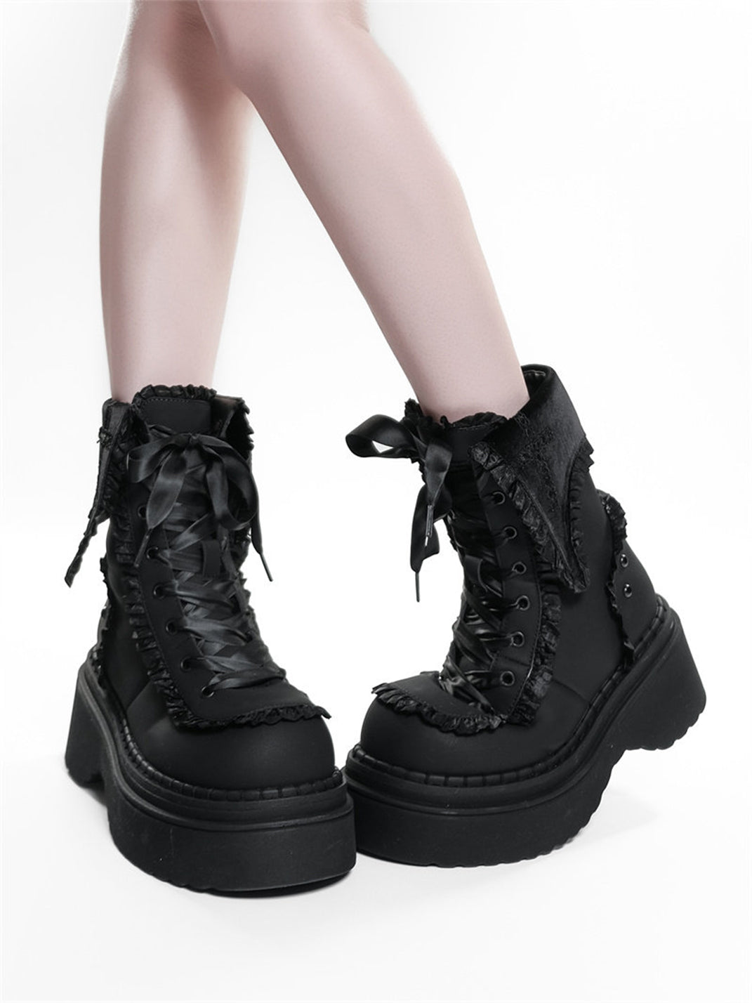 Cross-Applique Red-Lace Platform Combat Boots - View 14