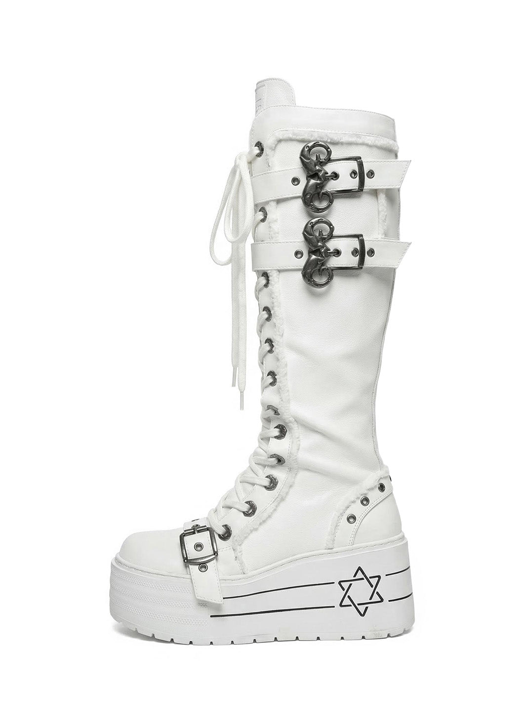 White Triple-Buckle Platform Knee-High Boots