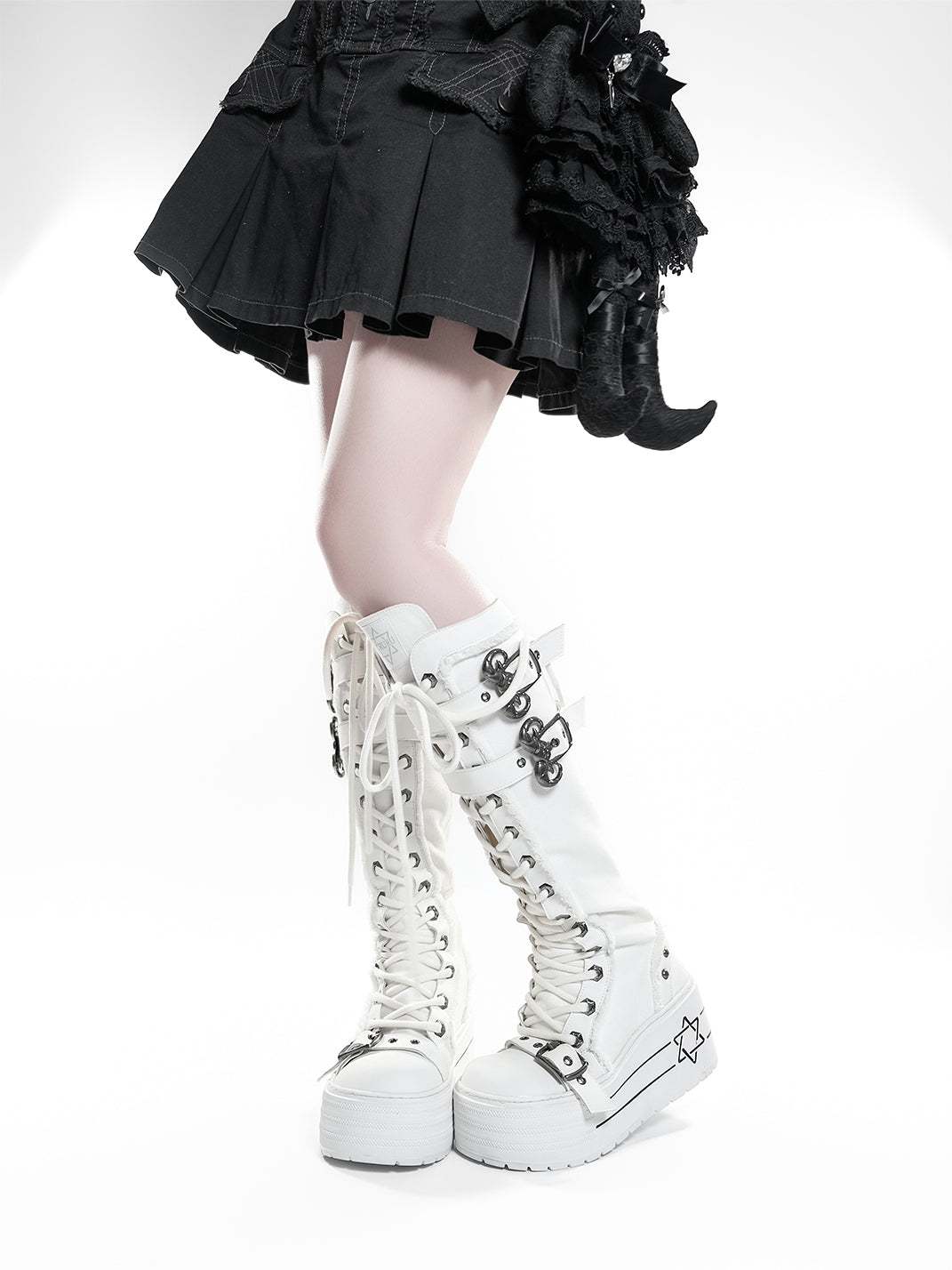 White Triple-Buckle Platform Knee-High Boots - View 4