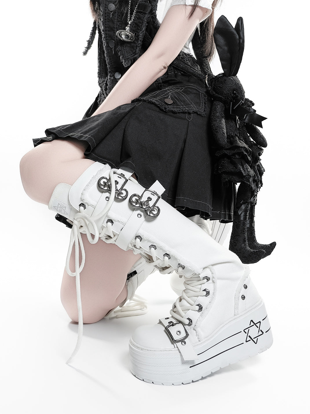 White Triple-Buckle Platform Knee-High Boots - View 5