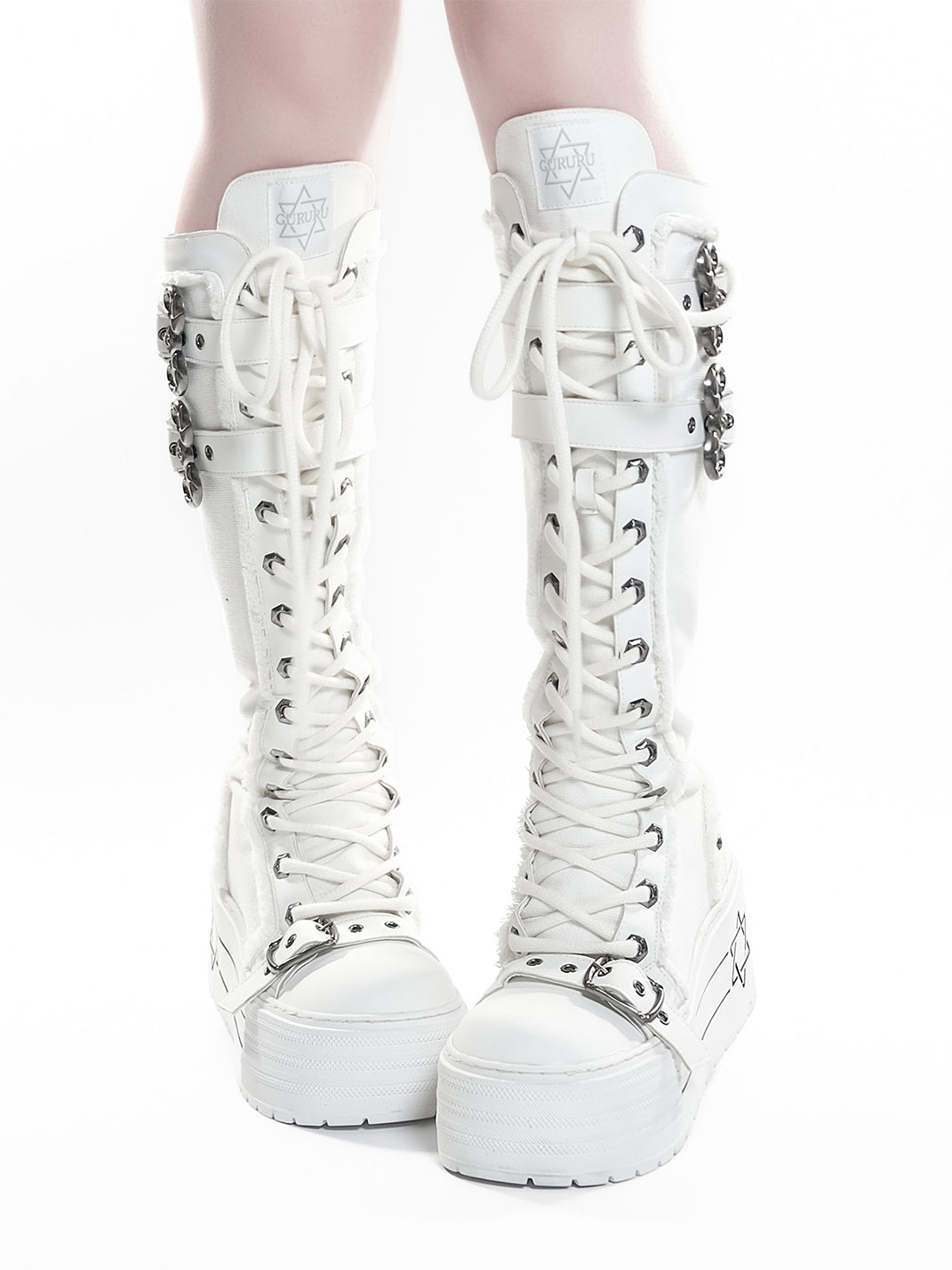 White Triple-Buckle Platform Knee-High Boots - View 8