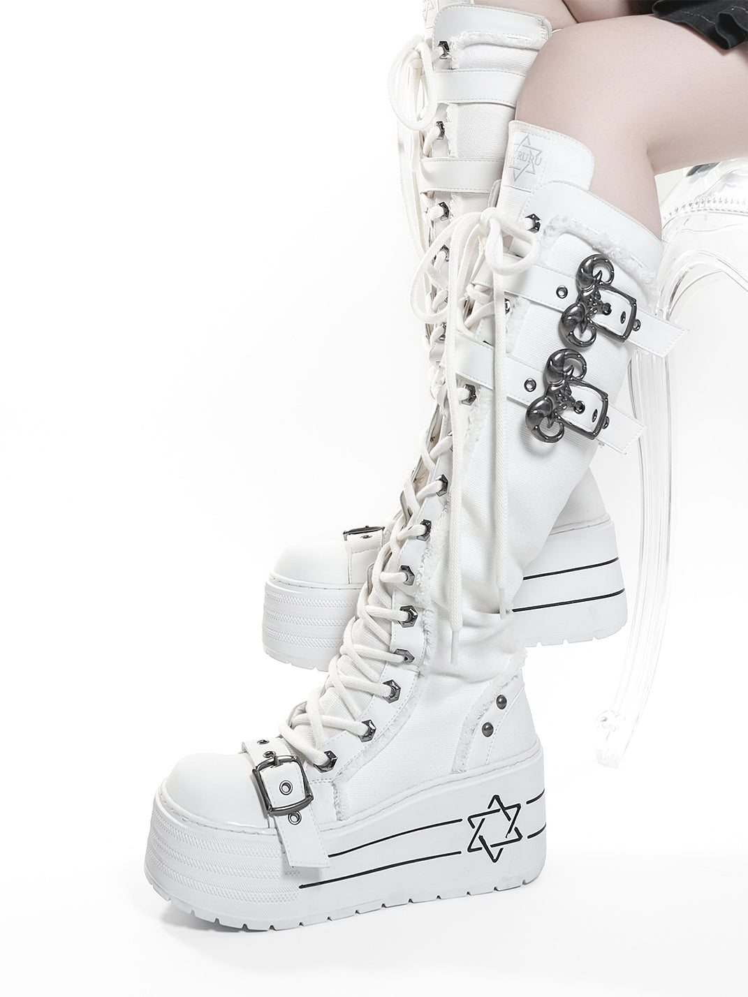 White Triple-Buckle Platform Knee-High Boots - View 9