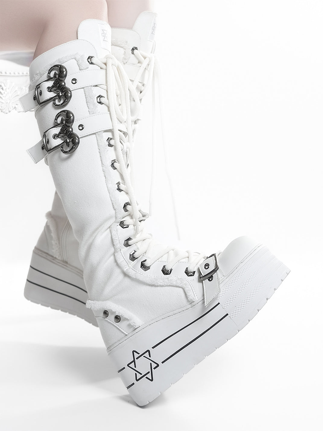 White Triple-Buckle Platform Knee-High Boots - View 10