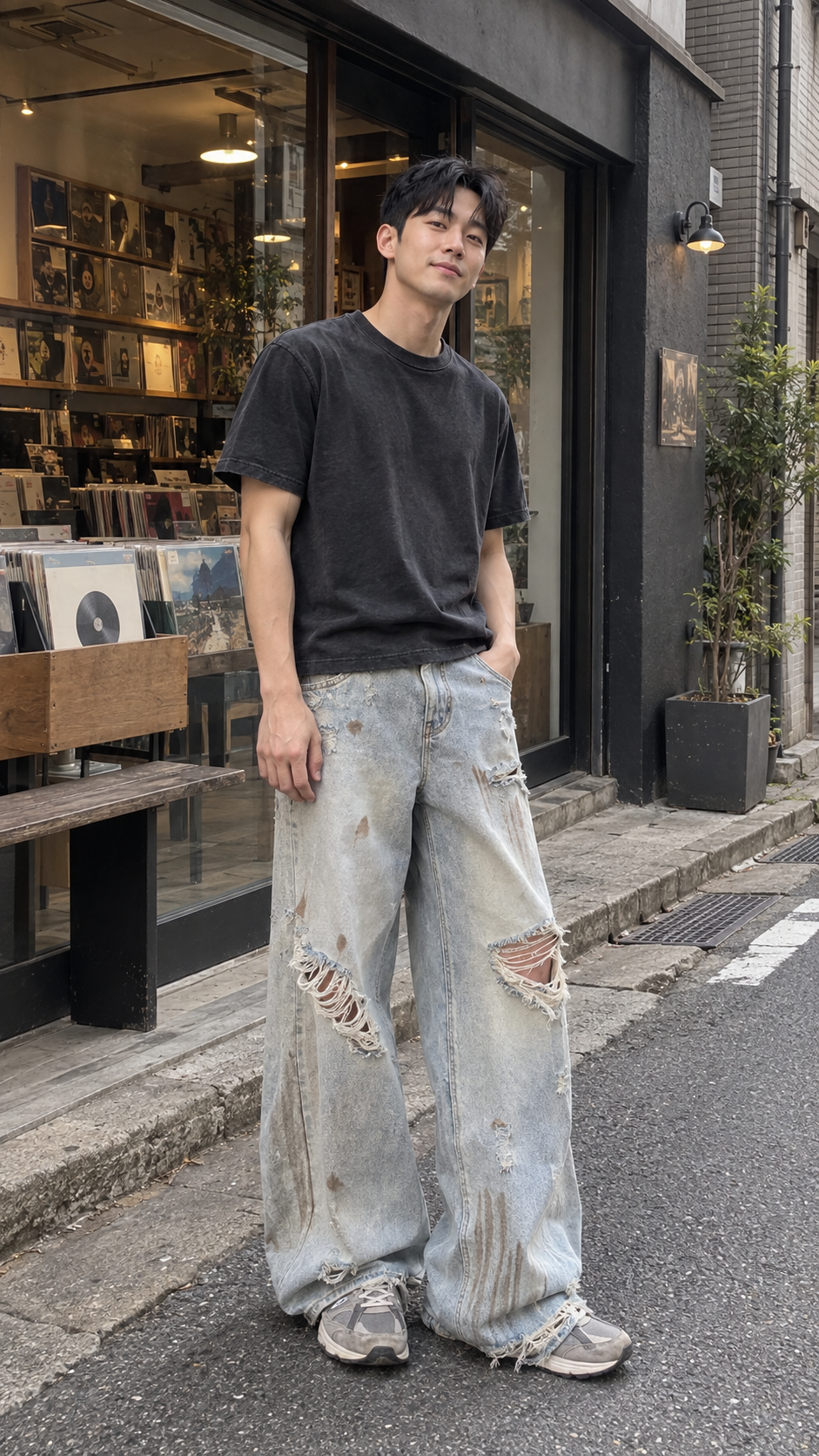 AI-generated styling image of Light Blue Heavy Distressed Wide Leg Denim Jeans — street snap.