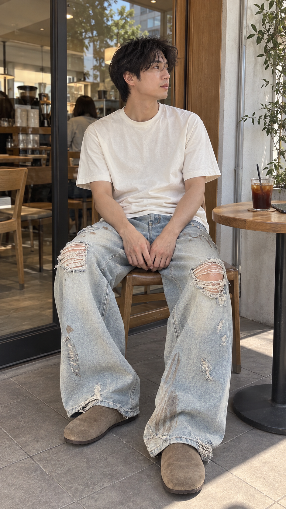 AI-generated styling image of Light Blue Heavy Distressed Wide Leg Denim Jeans — café seat.