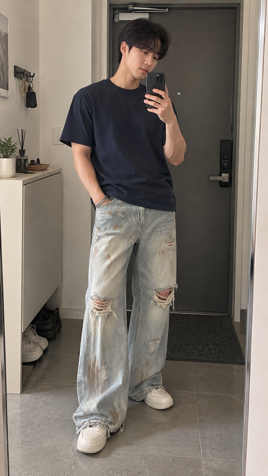 AI-generated styling image of Light Blue Heavy Distressed Wide Leg Denim Jeans — entryway mirror.