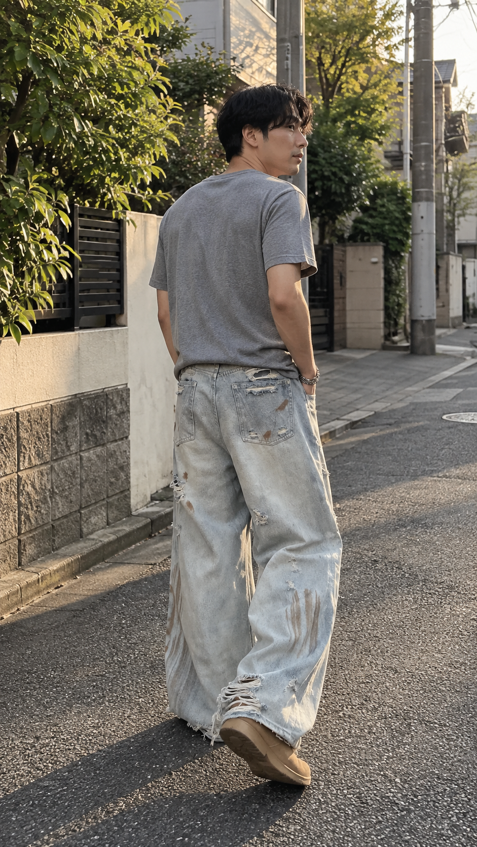 AI-generated styling image of Light Blue Heavy Distressed Wide Leg Denim Jeans — rear-angle walk.