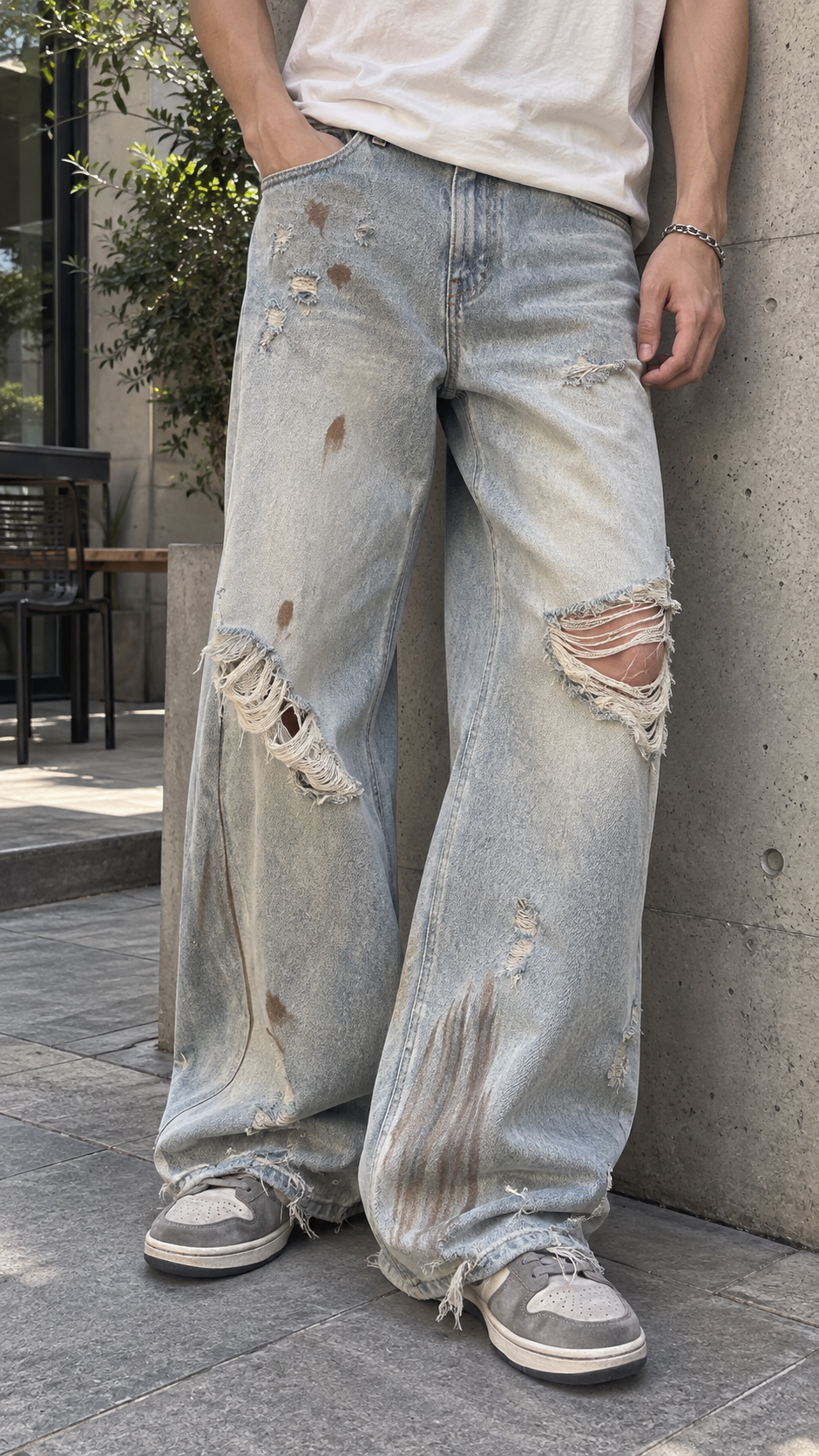 AI-generated styling image of Light Blue Heavy Distressed Wide Leg Denim Jeans — denim detail.