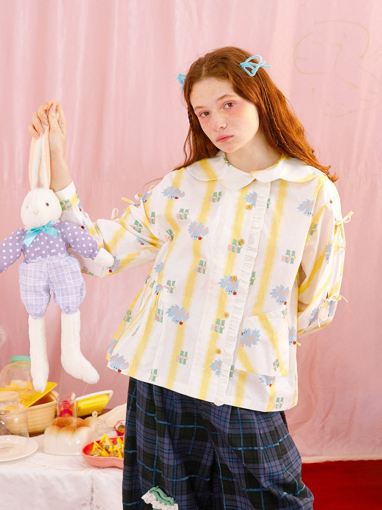 Yellow Stripe Bow Sleeve Button Blouse