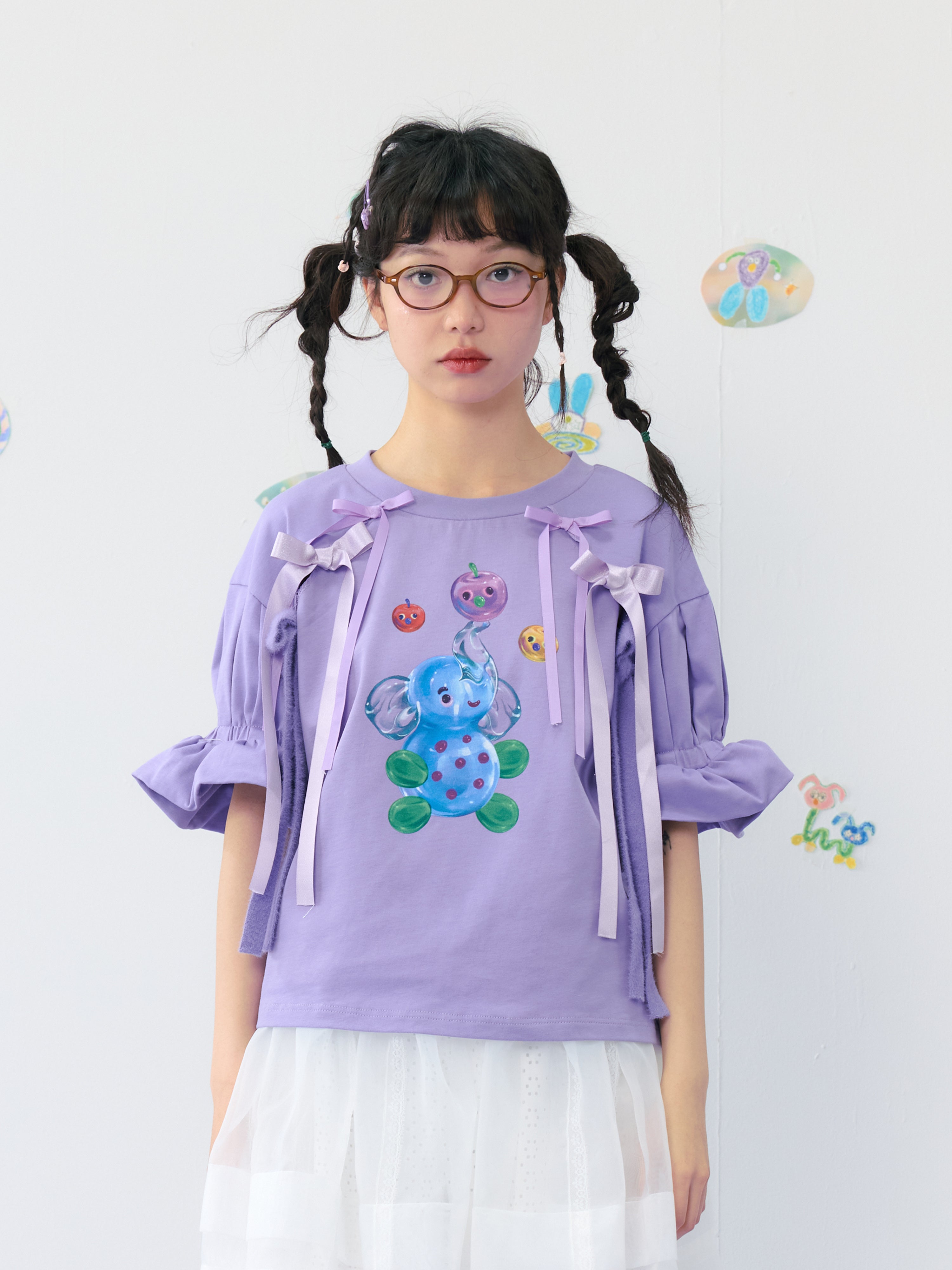 Purple Elephant Bow Puff Sleeve Top