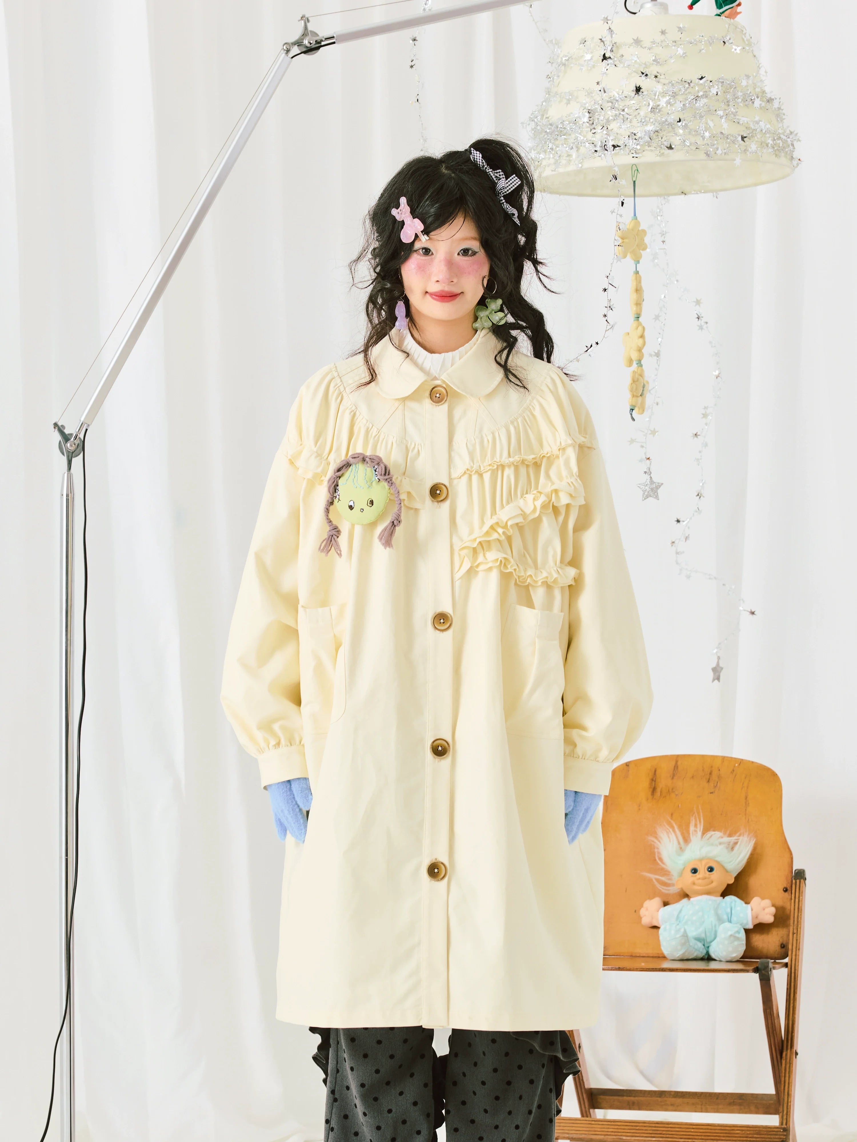 Ruffle Yoke Buttercream Long Coat
