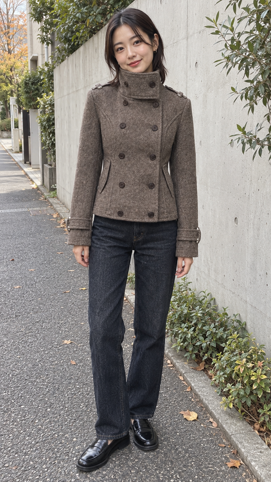 AI-styled look: Herringbone Tweed Peacoat Jacket, Floral Brown — Residential sidewalk