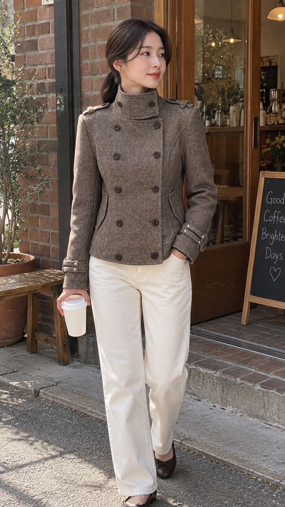 AI-styled look: Herringbone Tweed Peacoat Jacket, Floral Brown — Neighborhood cafe